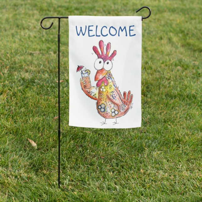 Cute Whimsical Chicken with Tropical Drink Garden Flag (In SItu)