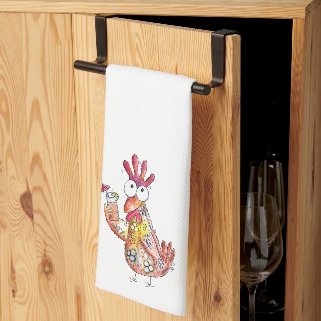 Cute Whimsical Chicken with Tropical Drink Kitchen Towel (Thirds Fold)