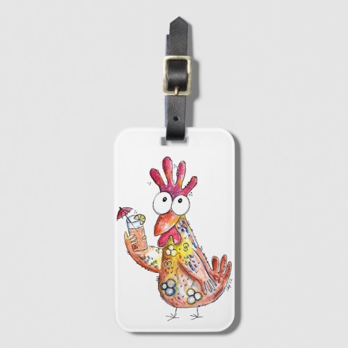 Cute Whimsical Chicken with Tropical Drink Luggage Tag