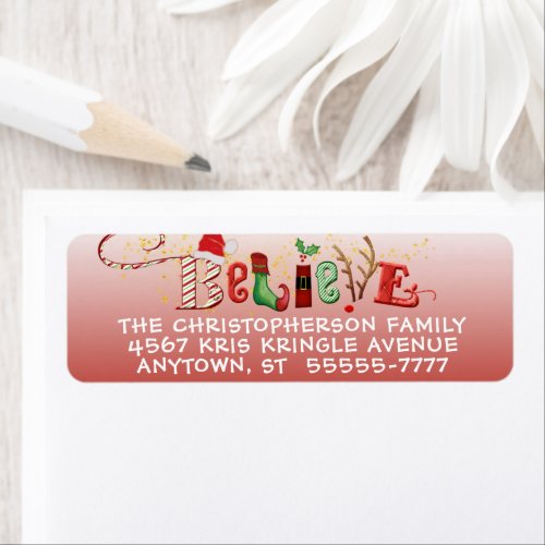 Cute Whimsical Christmas BELIEVE Red Ombre Label