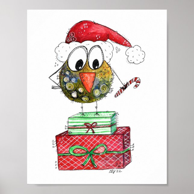 Cute Whimsical Christmas Bird Poster (Front)