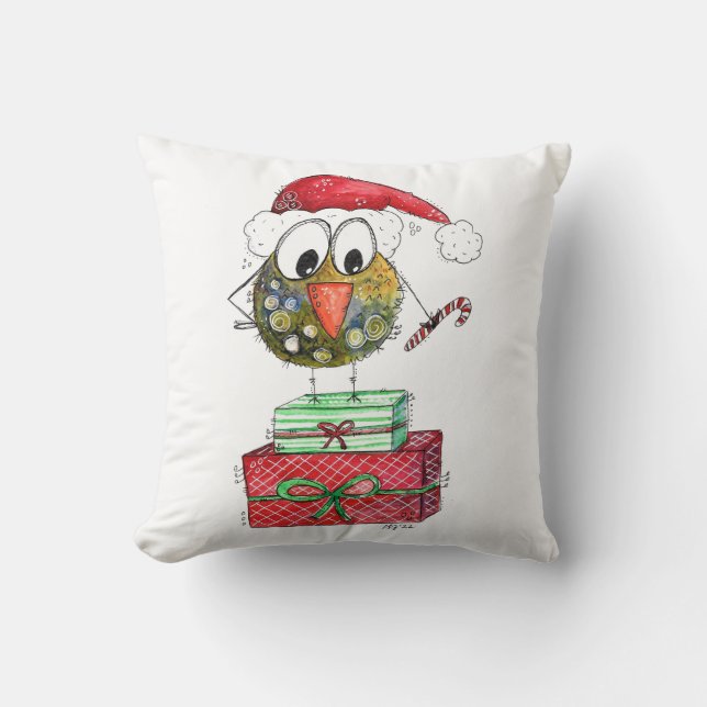 Cute Whimsical Christmas Bird Throw Pillow (Front)