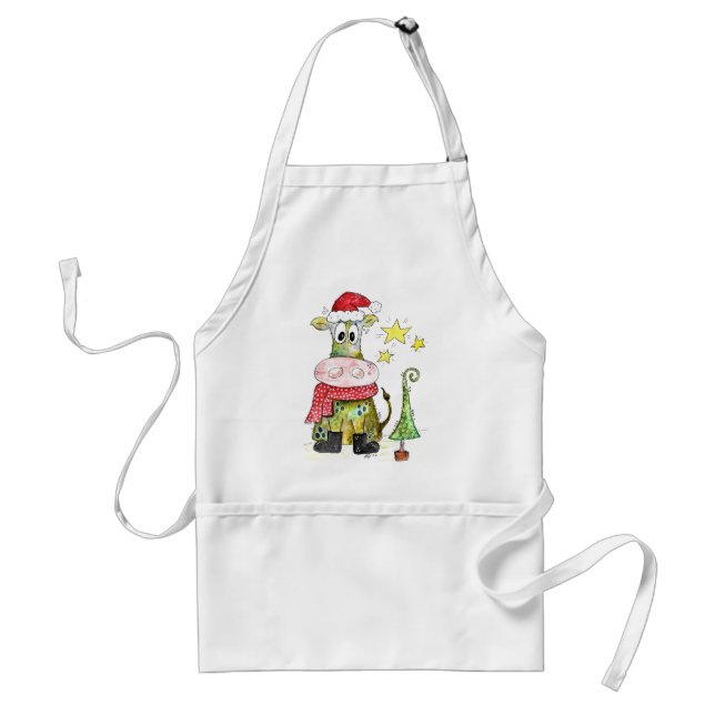 Cute Whimsical Christmas Cow Adult Apron (Front)