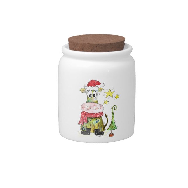 Cute Whimsical Christmas Cow Candy Jar (Front)