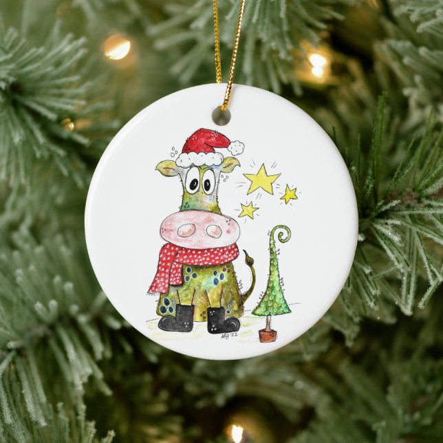 Cute Whimsical Christmas Cow Ceramic Ornament (Tree)