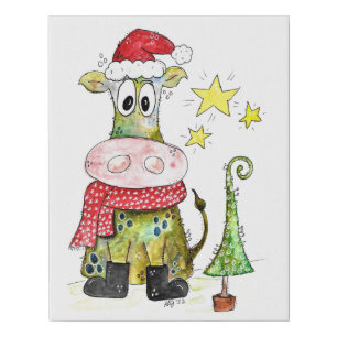 Cute Whimsical Christmas Cow Faux Canvas Print