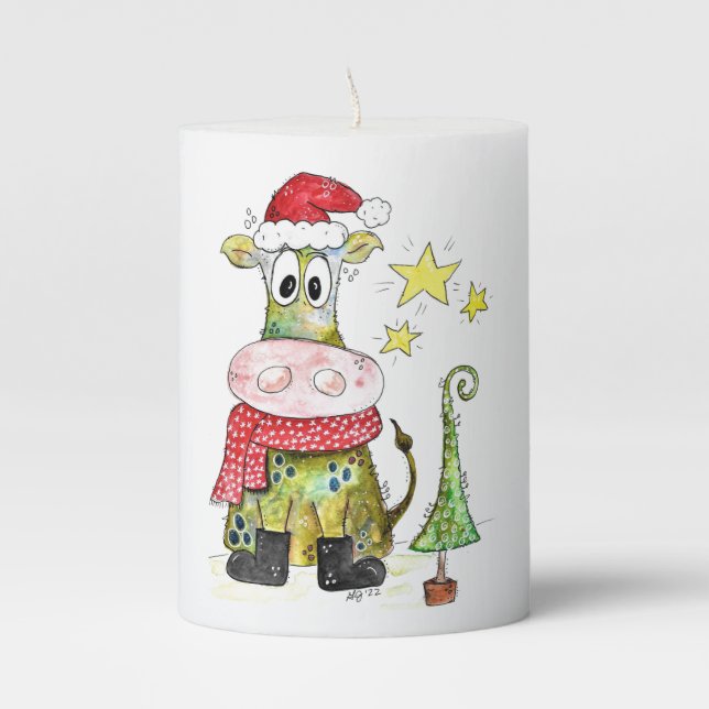 Cute Whimsical Christmas Cow Pillar Candle (Front)