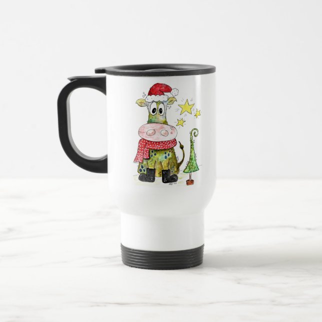 Cute Whimsical Christmas Cow Travel Mug (Left)