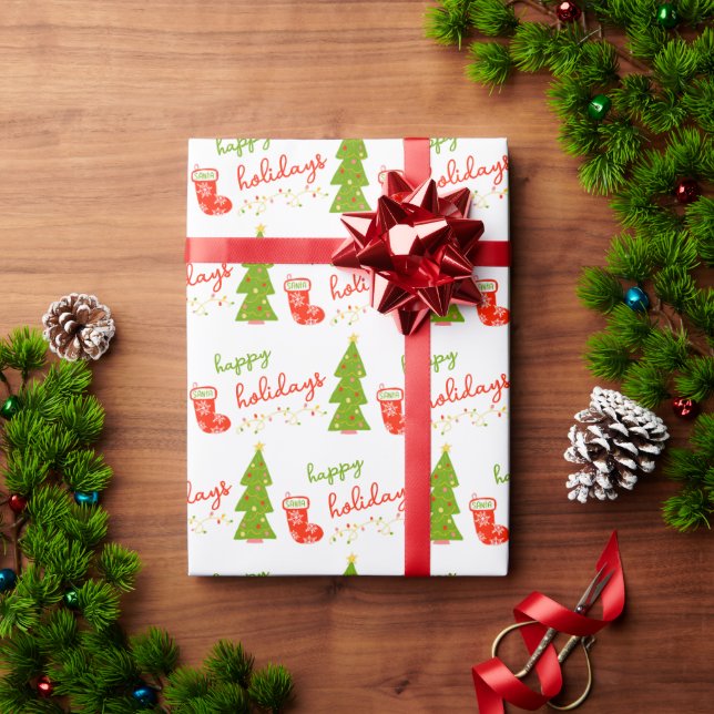 Cute Whimsical Christmas Icons HAPPY HOLIDAYS Wrapping Paper (Holiday Gift)