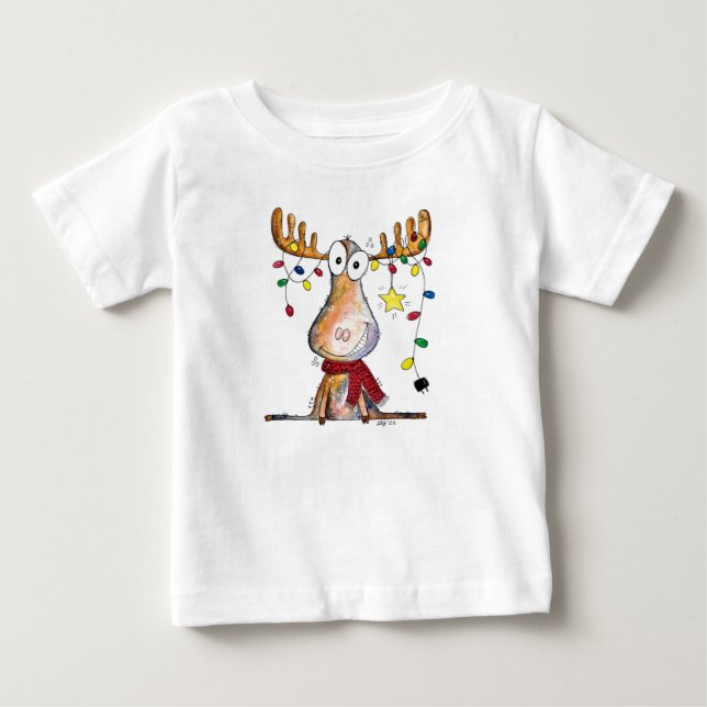 Cute Whimsical Christmas Moose Baby T-Shirt (Front)