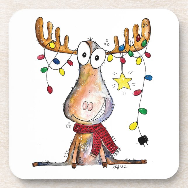 Cute Whimsical Christmas Moose Beverage Coaster (Front)