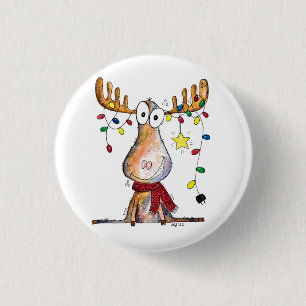 Cute Whimsical Christmas Moose Button