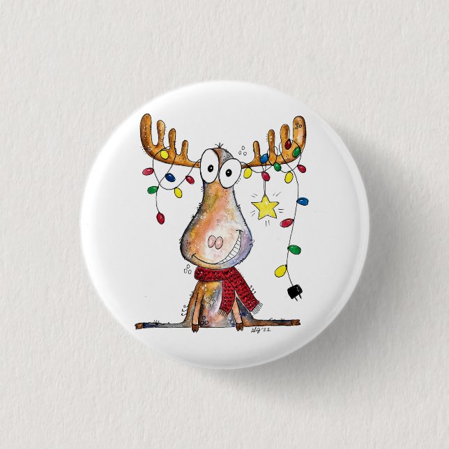 Cute Whimsical Christmas Moose Button (Front)