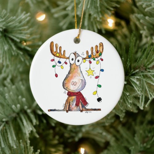 Cute Whimsical Christmas Moose Ceramic Ornament