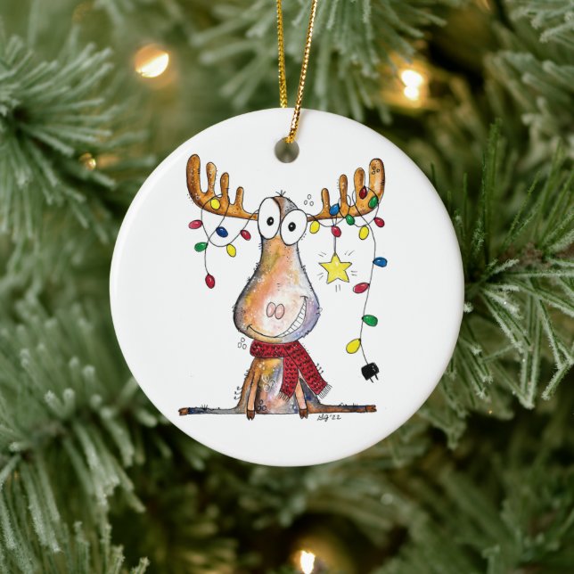Cute Whimsical Christmas Moose Ceramic Ornament (Tree)