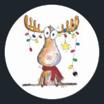 Cute Whimsical Christmas Moose Classic Round Sticker<br><div class="desc">This is an original mixed media painting of a whimsical Christmas moose tangled in Christmas lights.</div>