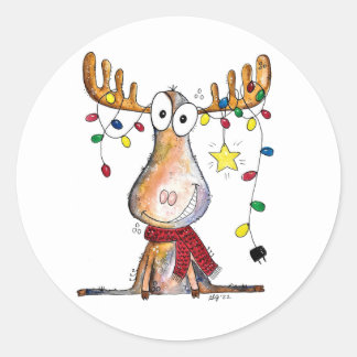 Cute Whimsical Christmas Moose Classic Round Sticker
