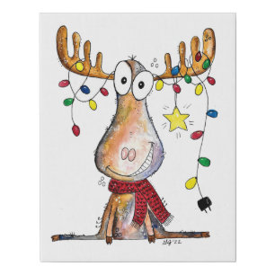 Cute Whimsical Christmas Moose Faux Canvas Print
