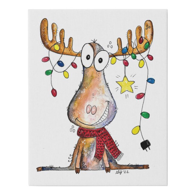 Cute Whimsical Christmas Moose Faux Canvas Print (Front)