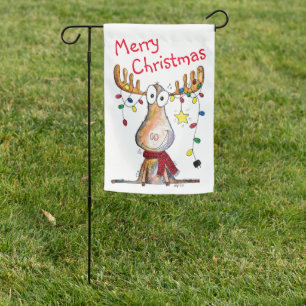 Cute Whimsical Christmas Moose Garden Flag
