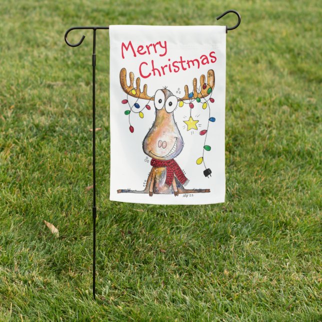 Cute Whimsical Christmas Moose Garden Flag (In SItu)