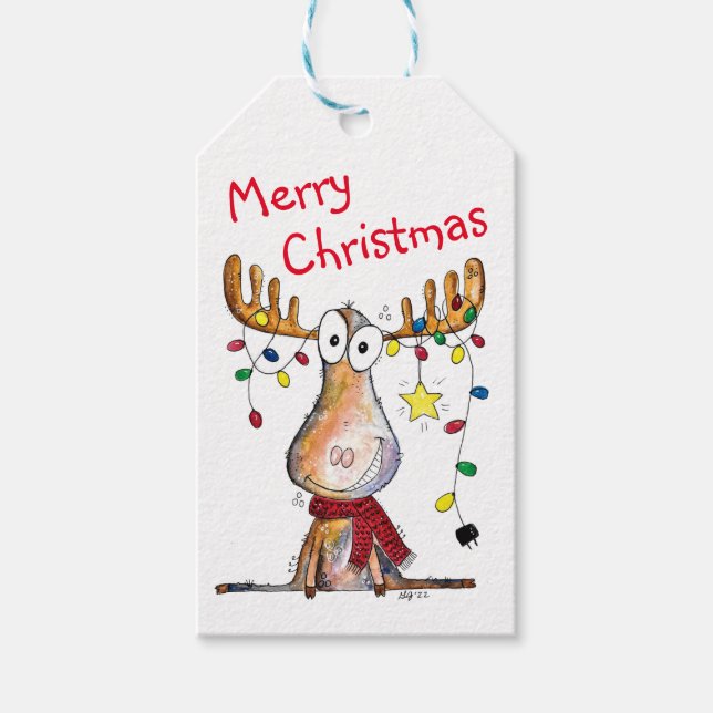 Cute Whimsical Christmas Moose Gift Tags (Front)