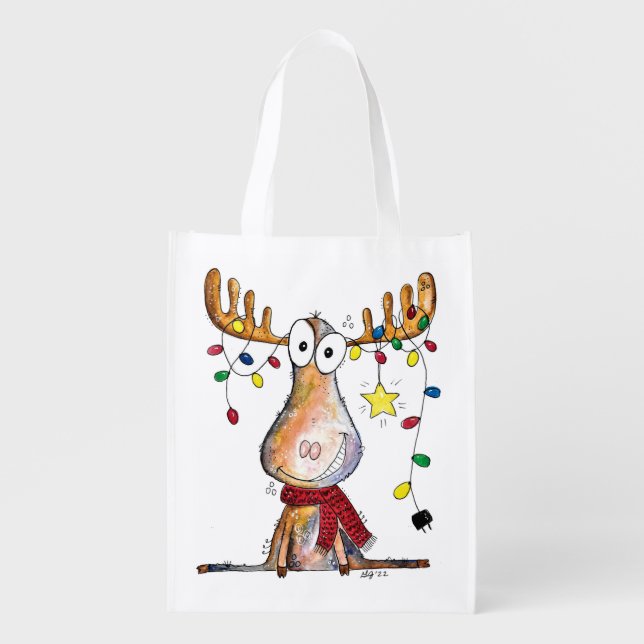 Cute Whimsical Christmas Moose Grocery Bag (Front)