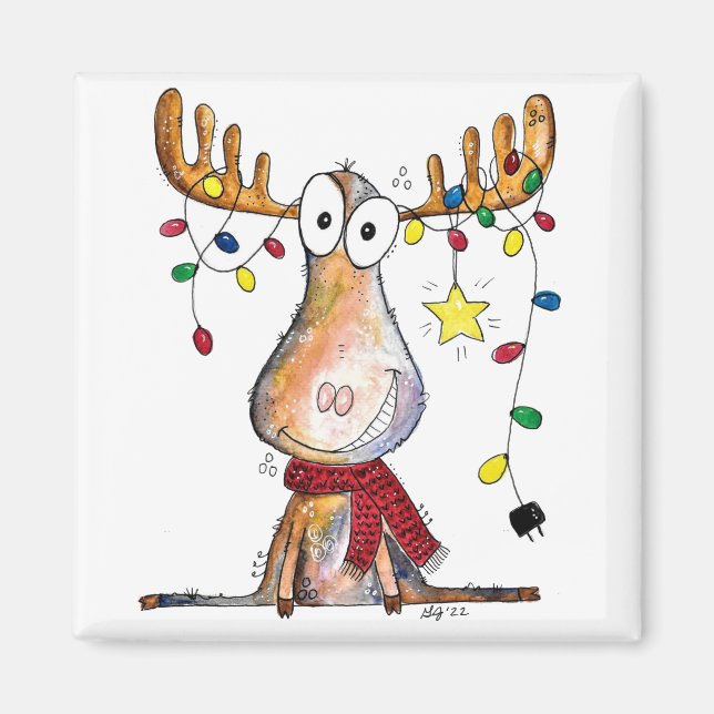 Cute Whimsical Christmas Moose Magnet (Front)