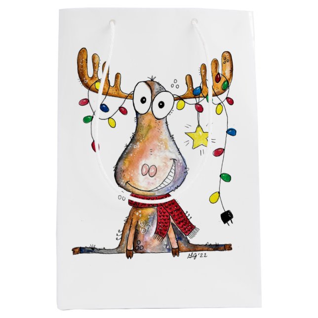 Cute Whimsical Christmas Moose Medium Gift Bag (Front)