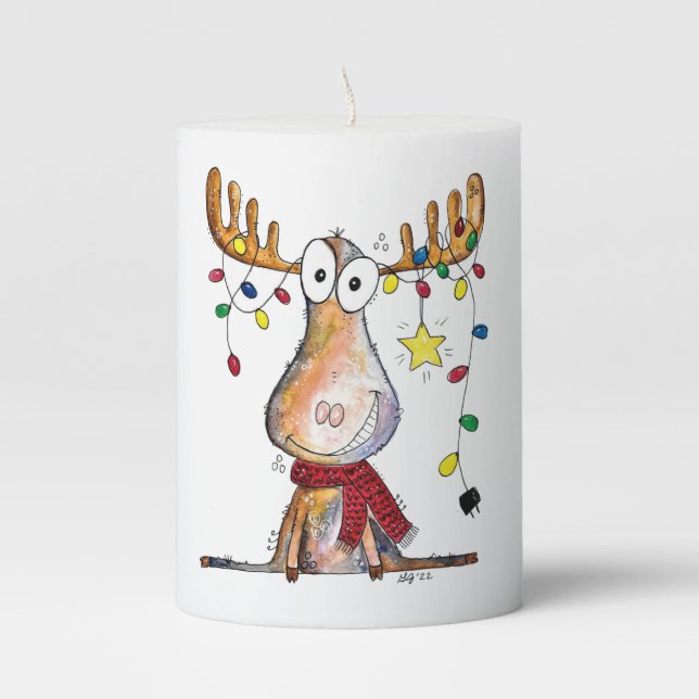 Cute Whimsical Christmas Moose Pillar Candle (Front)