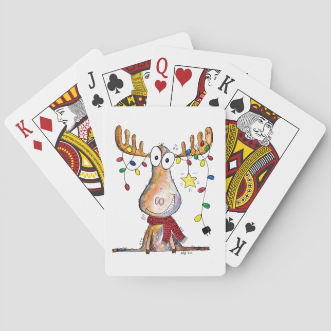 Cute Whimsical Christmas Moose Poker Cards (Back)