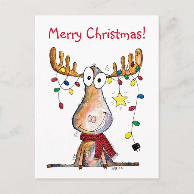 Cute Whimsical Christmas Moose Postcard (Front)