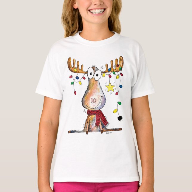 Cute Whimsical Christmas Moose T-Shirt (Front)