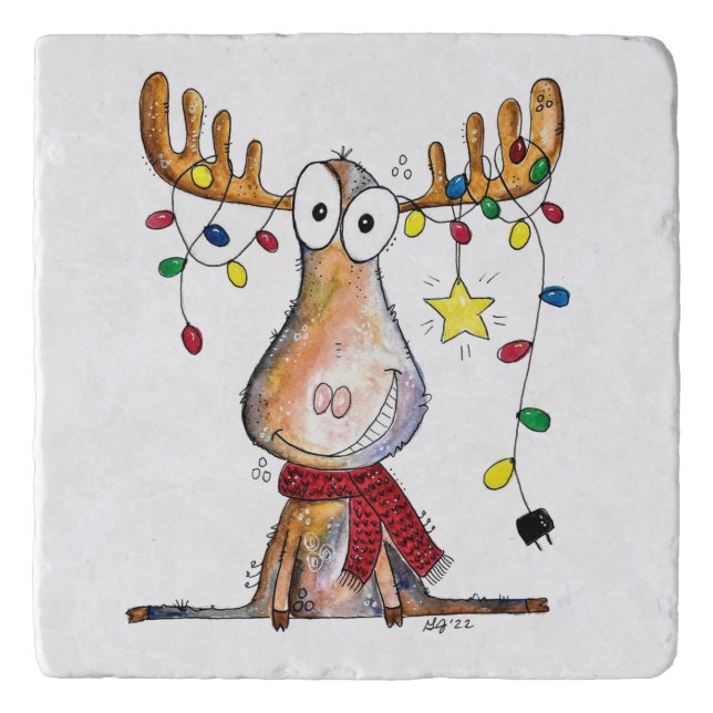 Cute Whimsical Christmas Moose Trivet (Front)