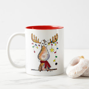 Cute Whimsical Christmas Moose Two-Tone Coffee Mug