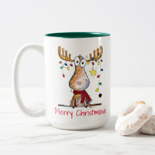 Cute Whimsical Christmas Moose Two-Tone Coffee Mug