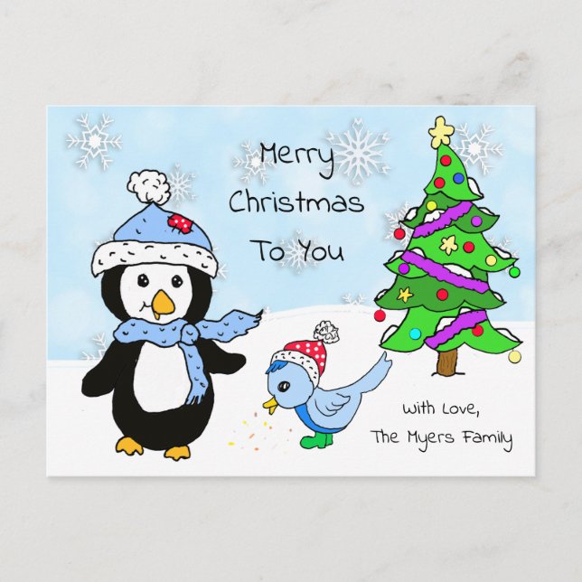 Cute Whimsical Christmas Penguin and Bird Postcard (Front)