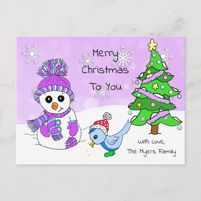 Cute Whimsical Christmas Snowman and Bird Postcard (Front)