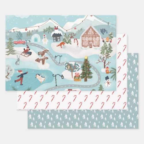 Cute whimsical Christmas village sugar cane trees Wrapping Paper Sheets