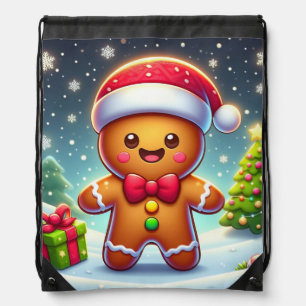 Cute Whimsical Christmas/winter gingerbread man Drawstring Bag