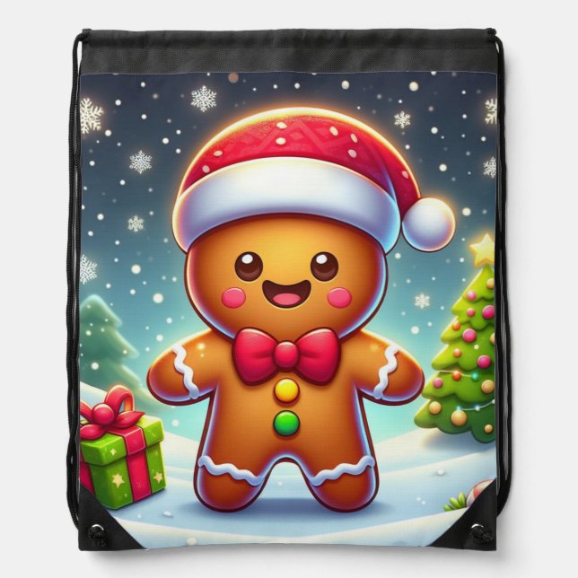 Cute Whimsical Christmas/winter gingerbread man Drawstring Bag (Front)