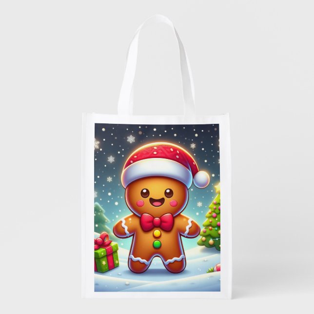 Cute Whimsical Christmas/winter gingerbread man Grocery Bag (Front)