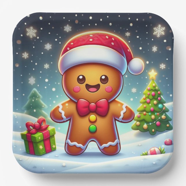 Cute Whimsical Christmas/winter gingerbread man Paper Plates (Front)