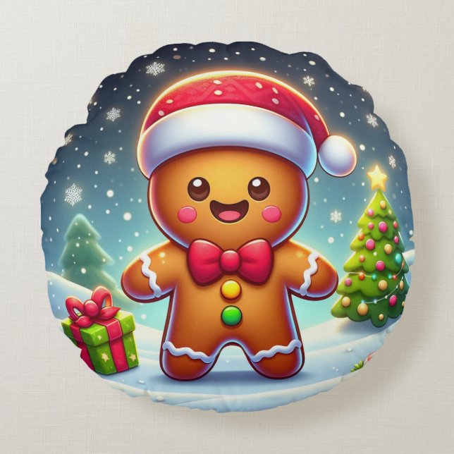 Cute Whimsical Christmas/winter gingerbread man Round Pillow (Front)