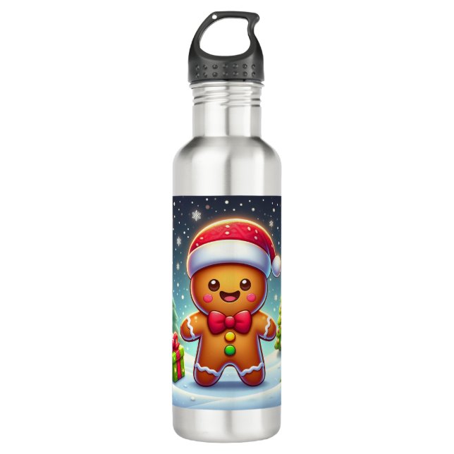 Cute Whimsical Christmas/winter gingerbread man Stainless Steel Water Bottle (Front)