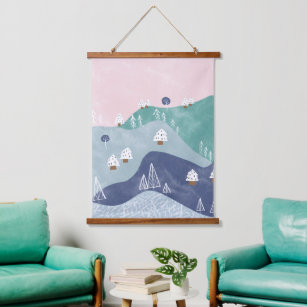 Cute whimsical Christmas winter mountain Hanging Tapestry