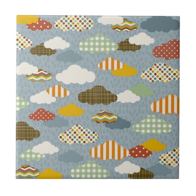 Cute Whimsical Clouds Patterns of Plaid Polka Dots Tile (Front)
