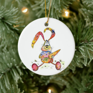 Cute Whimsical Colorful Bunny with Carrot Ceramic Ornament