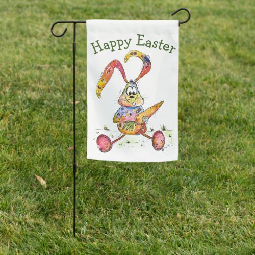 Cute Whimsical Colorful Bunny with Carrot Garden Flag