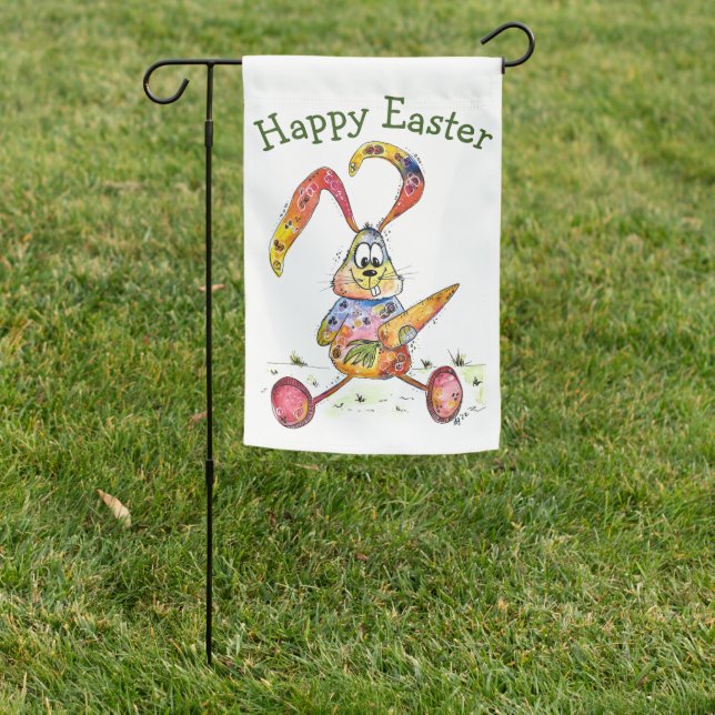 Cute Whimsical Colorful Bunny with Carrot Garden Flag (In SItu)